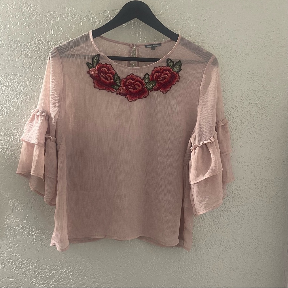Charlotte Russe‎ Blush Pink Sheer Blouse with Red Floral Detail Size Medium